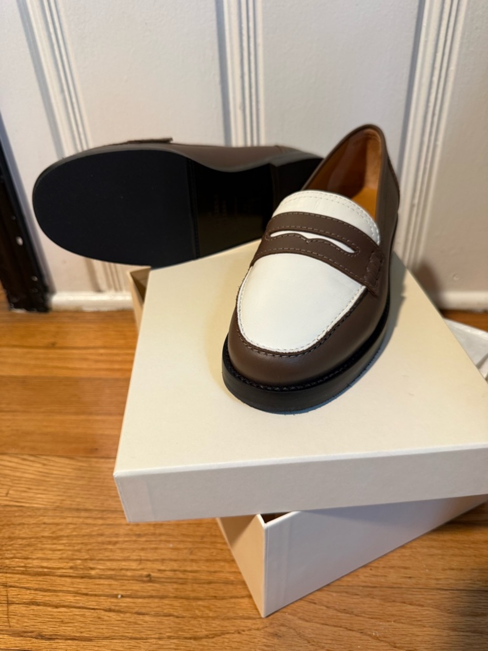 Sezane Brown and White Leather Penny Loafers - Picture 2 of 7